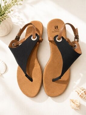 White Mountain Black and Tan Women's Slingback Thong Sandals